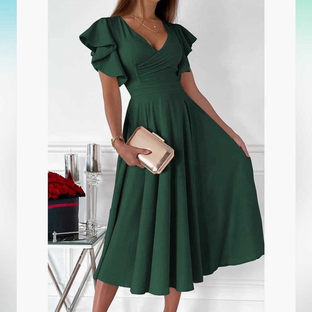 PrettyGardenChic Summer Midi Ruffle Cap Sleeve V Neck A Line Bridesmaids Dress M